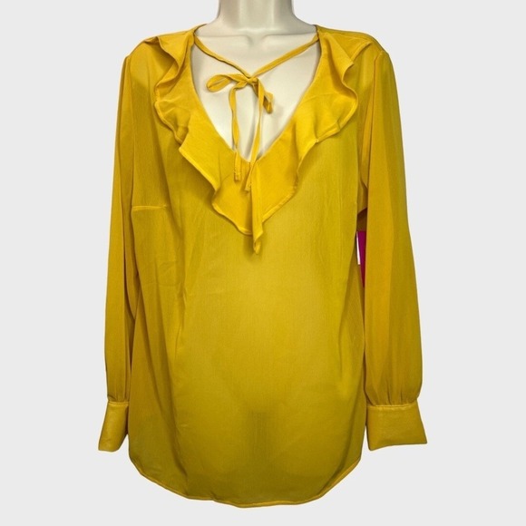 JustFab Yellow Ruffle Blouse M Tie Neck Long‎ Sleeve Boho Feminine Lightweight - Picture 3 of 11